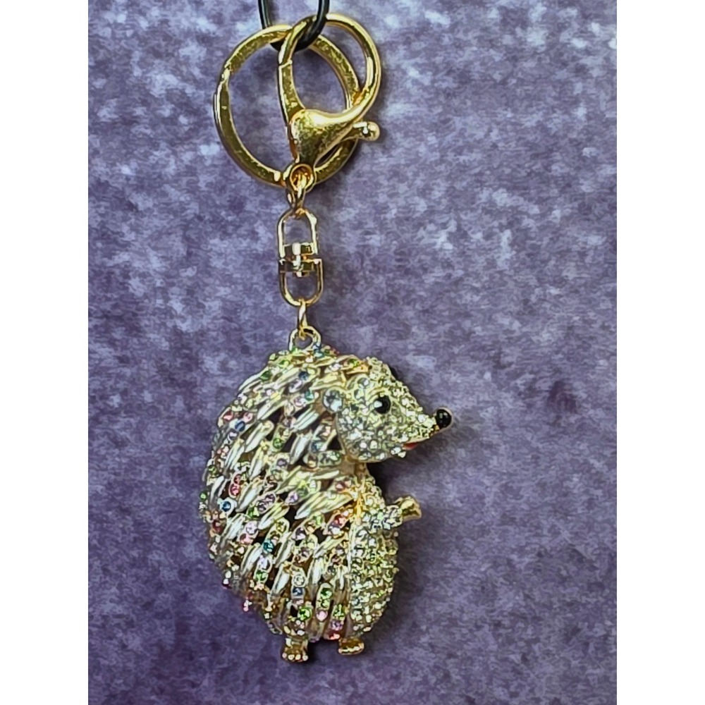 Gold Tone Multi Color Rhinestone Hedgehog Keychain Bag Charm Crystal Animal